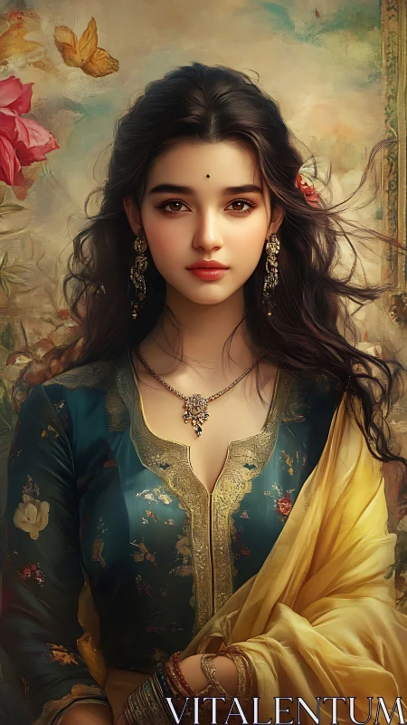 Regal South Asian portrait in teal silk and gold drapery.