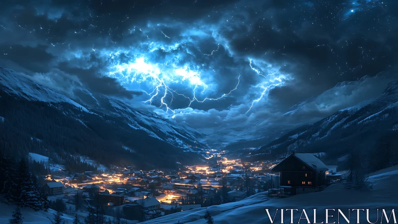 Winter valley town beneath intense nocturnal lightning display.