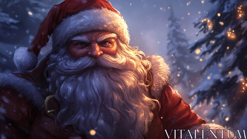 Snowlit Santa portrait under glowing winter forest sky.