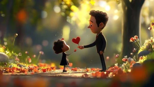 Man Offering Red Heart to Woman in Flowering Garden.