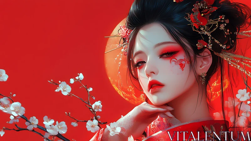 Digital portrait of woman in red kimono with blossoms.