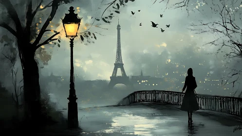 Silhouette observes Eiffel Tower from misty Paris walkway