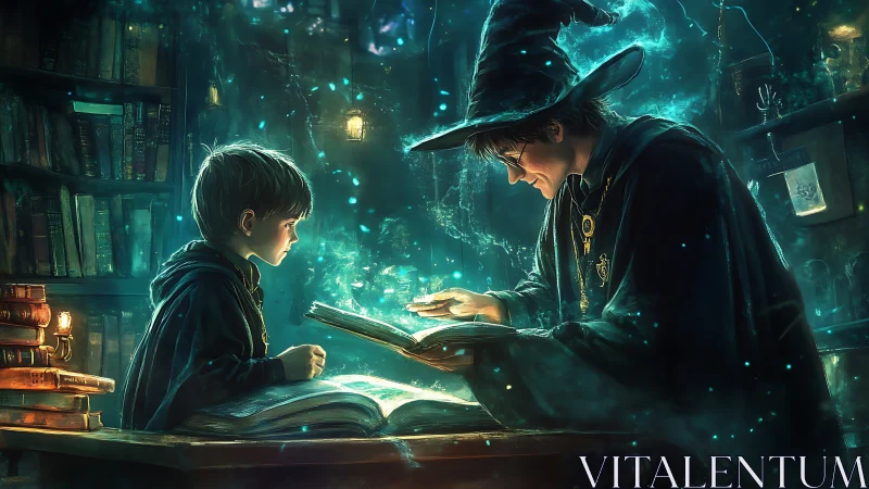 Wizard mentor instructs young apprentice over glowing tome