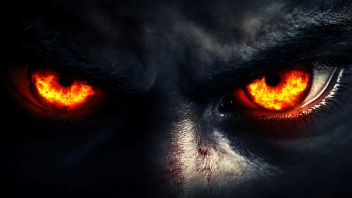 Inferno-eyed fiend glaring from a cavern of shadowed fury.