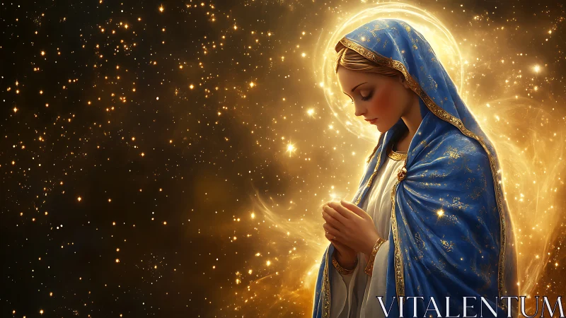 Radiant blue-robed saint in golden celestial prayer glow.
