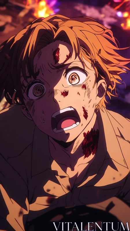 Traumatized anime boy captured mid-scream under dynamic crisis lighting