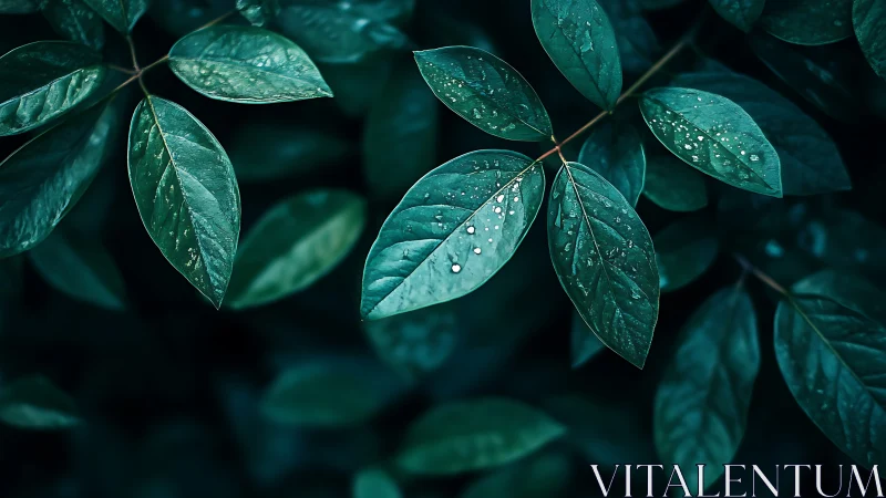 Macro optical study of rain-speckled emerald foliage surfaces.