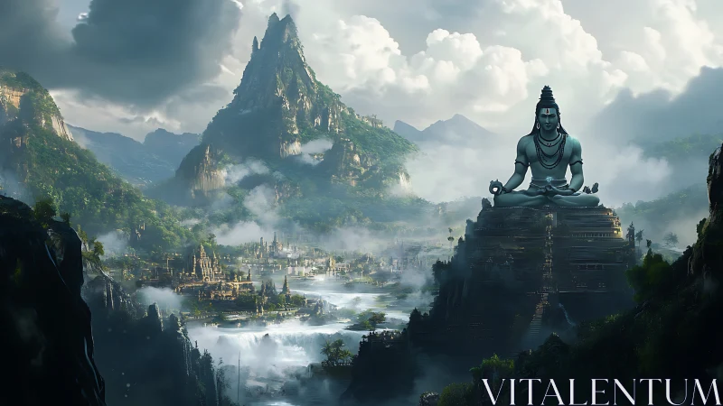 Mist-draped valley kneels before colossal meditating deity