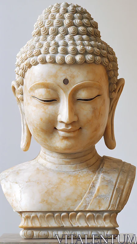 Softly glowing marble Buddha bust inviting quiet reflection.