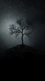 Lonely winter tree stands illuminated in a moody night haze