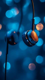 Close-up wired headphones glow against soft bokeh lights.