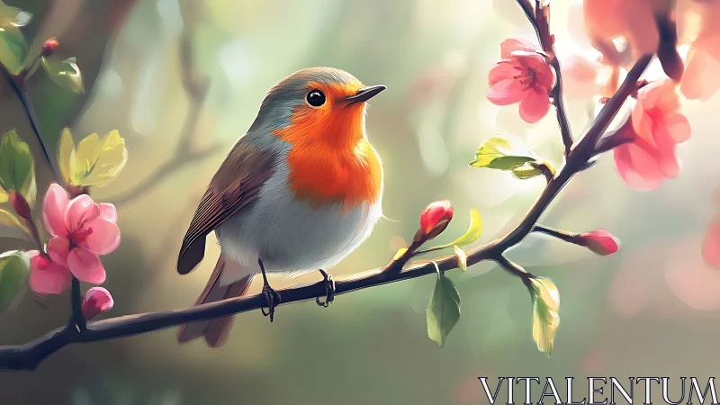 Vibrant Robin on Blossoming Branch in Soft Digital Painting Style.