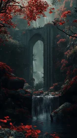 Ancient stone archway framed by red forest and waterfalls.