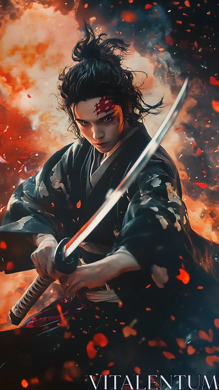 Flame lit samurai warrior with drawn katana amid ember storm