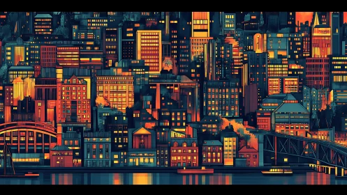 Neon-lit riverside city skyline glows against night backdrop