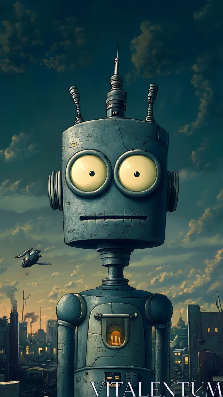 Tall retro robot with patina, central composition and moody skyline