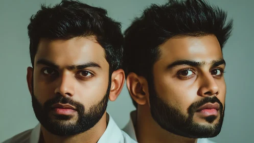 Intense dual male portraits in crisp studio lighting.