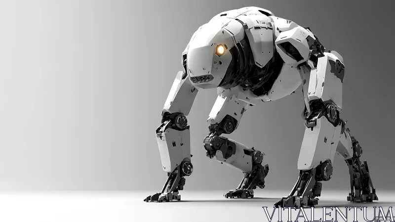 Quadrupedal white combat mech with illuminated optical core