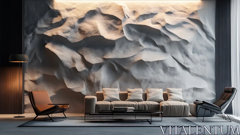 Parametric sculpted wall in minimal lounge with accent lighting