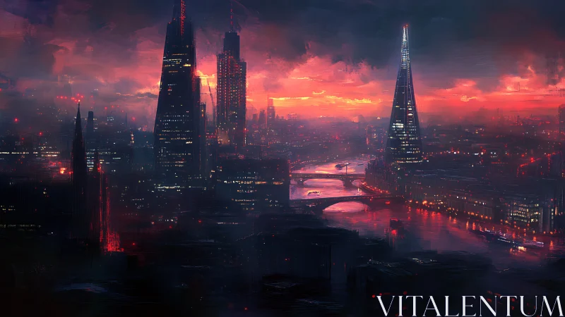 Neon-soaked futuristic skyline burns against a stormy dusk