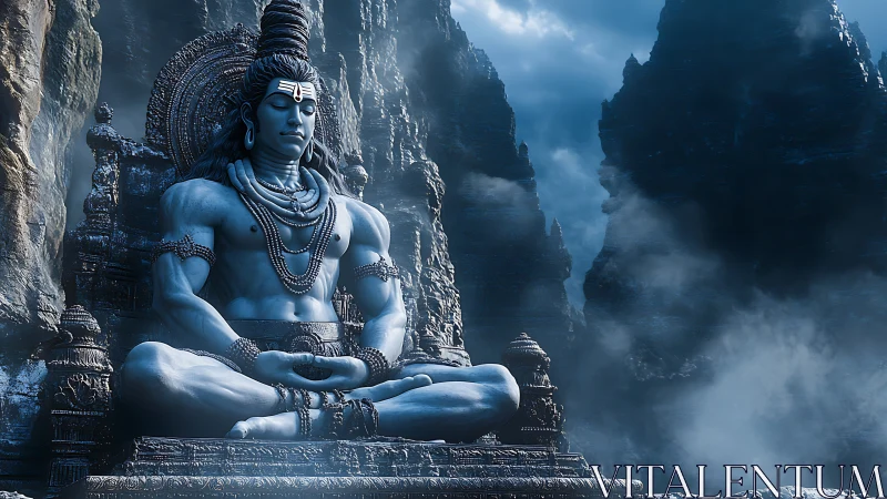 Mountain clouds cradle a colossal meditating blue deity