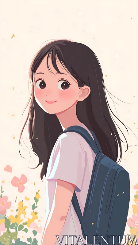 Backlit anime schoolgirl with floral bokeh environment rendering.