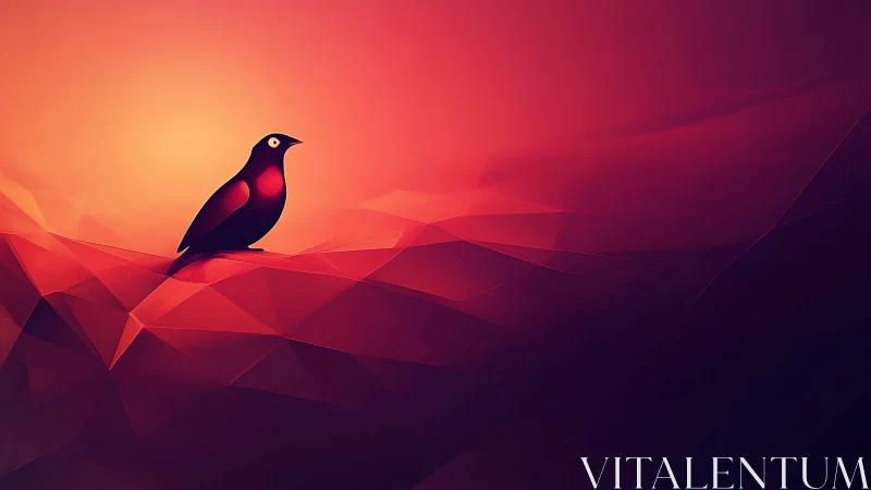 Geometric bird silhouette on low-poly gradient terrain.