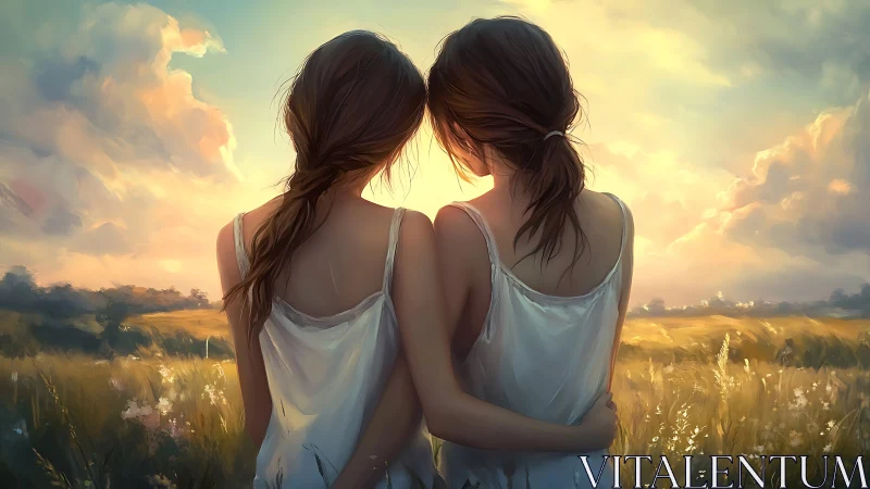 Two Girls Embracing in a Sunlit Field, Dreamy Impressionist Style.