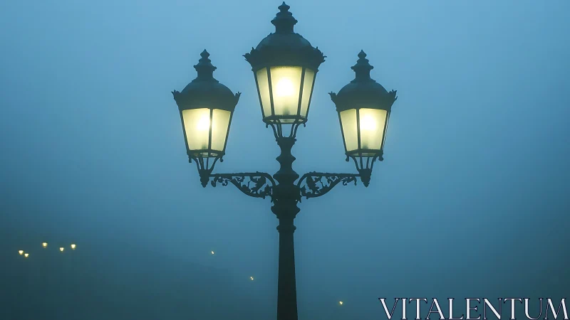 Foggy night streetlamp with three glowing lanterns.