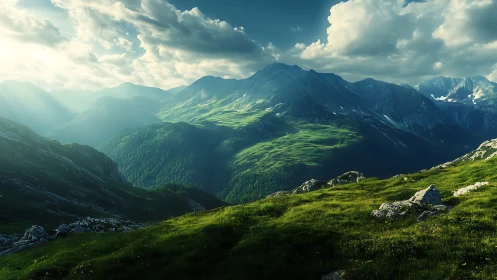 Sunlit alpine ridges bask under dramatic cloud-swept skies.