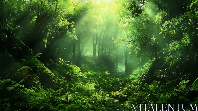 Dense misty forest canopy with moss-covered ground and radiating light rays