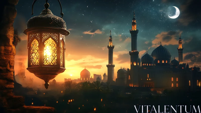 Ornate lantern glowing before domed mosque at sunset.
