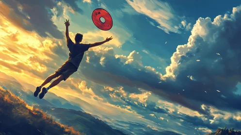 Joyful sunset leap sends a bright red disc soaring skyward