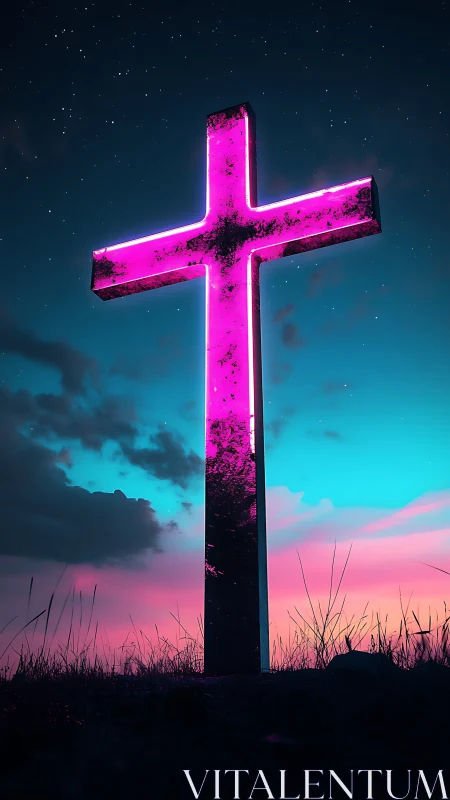 Neon pink cross standing against twilight sky at night.