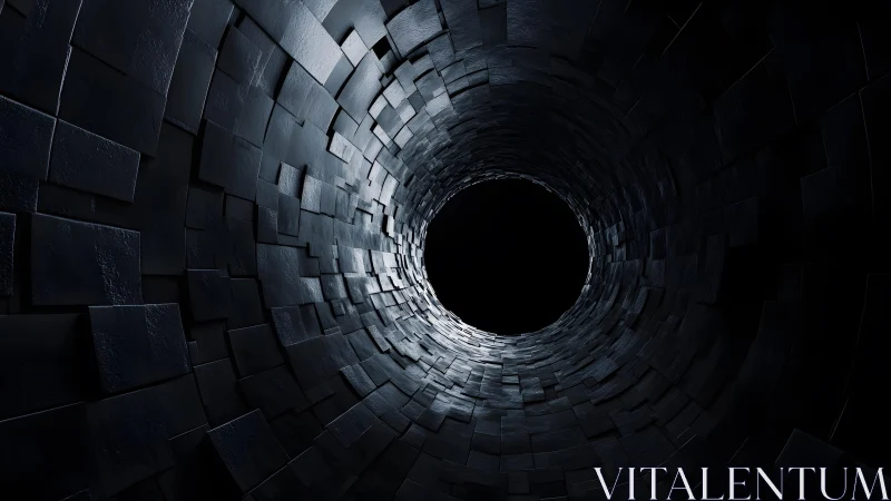 Abstract dark tunnel with textured tiles in dramatic lighting.