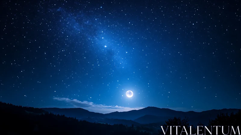 Moonlit mountain horizon beneath dense star field night.