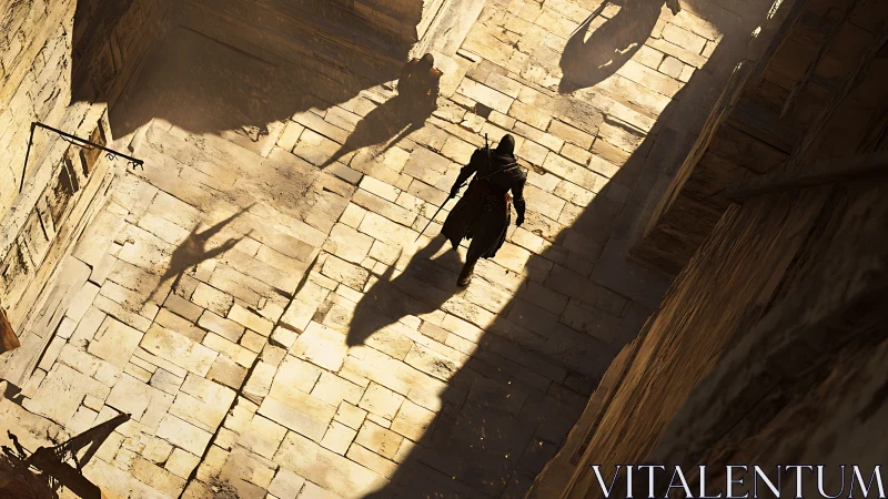 Hooded wanderer crossing sunlit stone alley in quiet suspense.