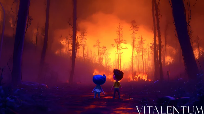 Luminous silhouettes confront wildfire intensity in stylized forest conflagration rendering
