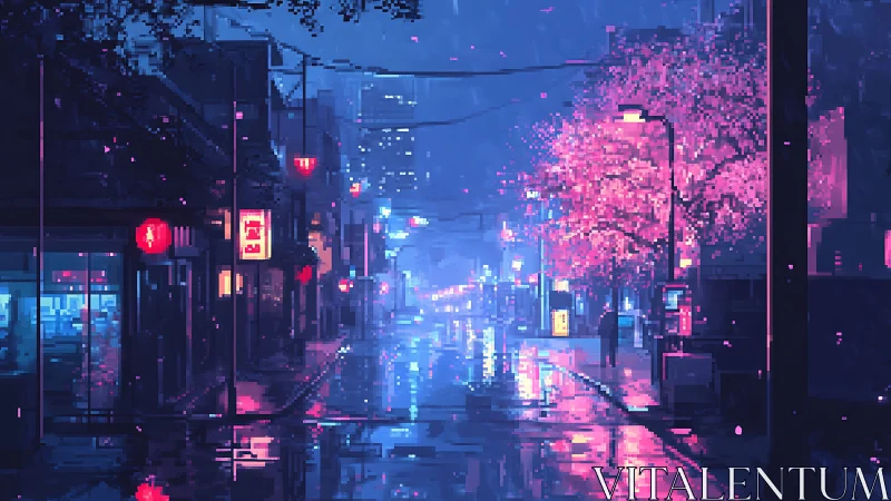 Pixelated neon city street under rain with sakura glow.