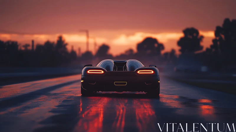 Supercar rear silhouette on wet track at neon dusk glow.