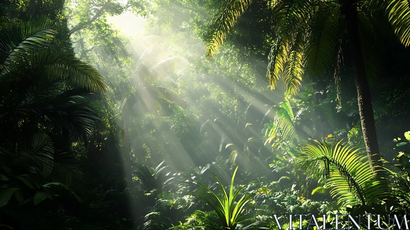 Sunlit jungle sanctuary where quiet green life shimmers.