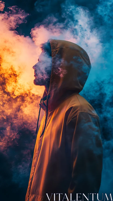 Hooded figure in dual-toned smoke, cinematic side profile.