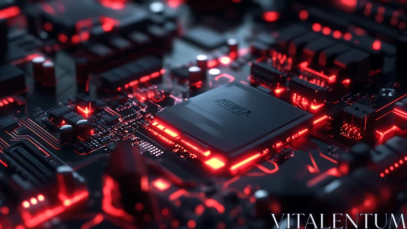 Glowing red microchip powers dense futuristic motherboard