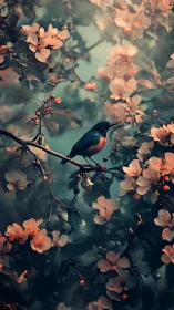 Chromatic passerine on bokeh-softened flowering branchscape.