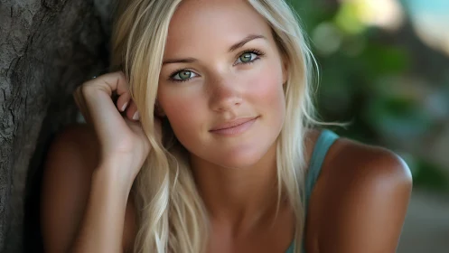 Portrait depicts blonde woman resting by textured tree trunk