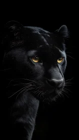 Black Panther with Golden Eyes Against Dark Background.