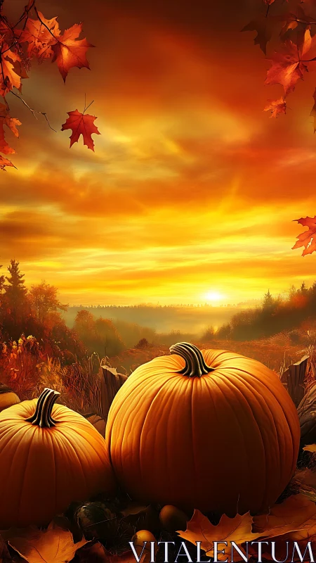 Pumpkins sit in an autumn field under vivid orange sunset