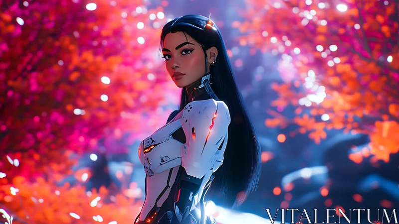 Cybernetic muse wandering through neon blossom twilight.