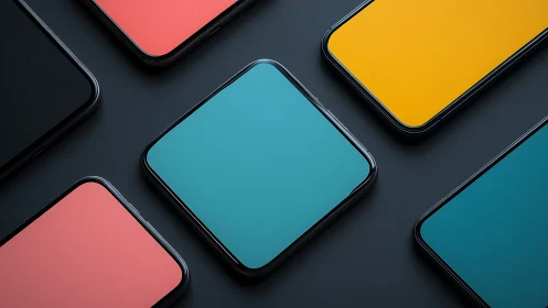 Colorful smartphones lie on dark surface in sleek symmetry