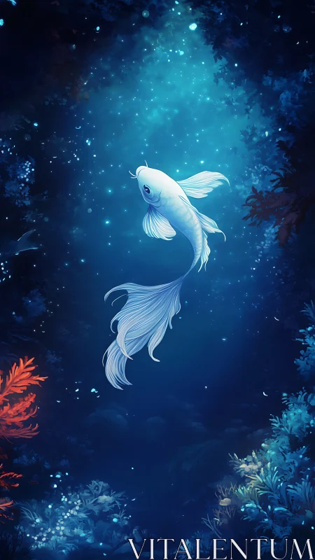 Moonlit koi drifting through a sapphire underwater dreamscape.